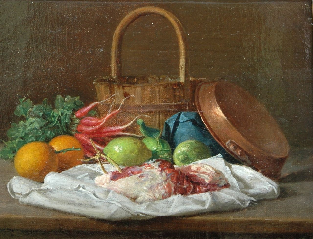 Duitse School, 19 eeuw   | Duitse School, 19 eeuw, A still life with radish and meat, Öl auf Leinwand 14,8 x 19,6 cm, signed l.l. with the initials 'D.N.'