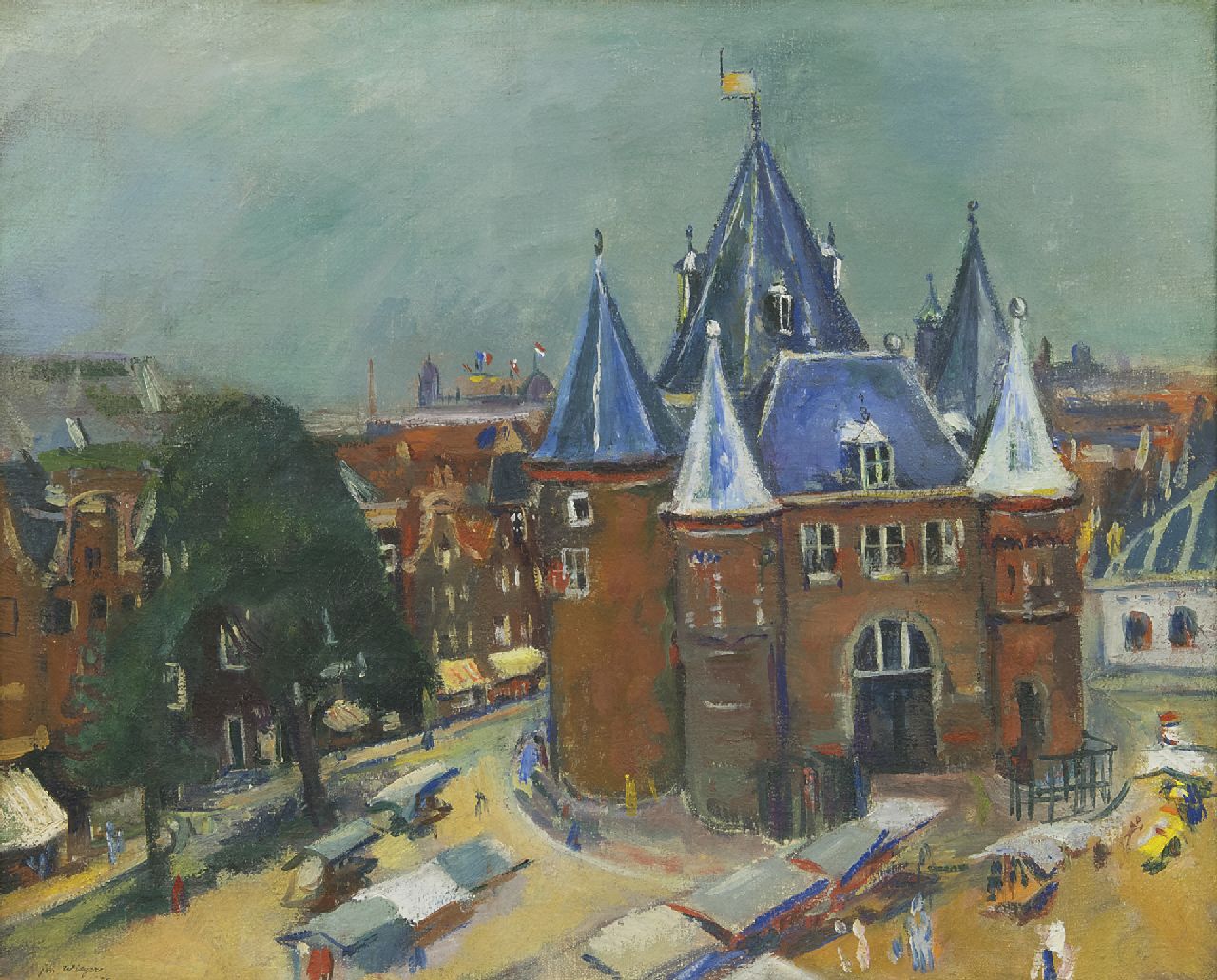 Wiegers J.  | Jan Wiegers, Nieuwmarkt mit De Waag, Amsterdam, Öl auf Leinwand 45,3 x 55,3 cm, Unterzeichnet l.u. und datiert '35