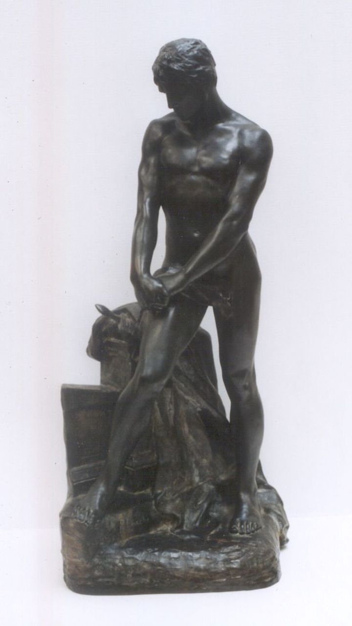 Larche F.R.  | François Raoul Larche, Peinzende zwaardvechter, Bronze 62,0 x 10,0 cm, gesigneerd op basis