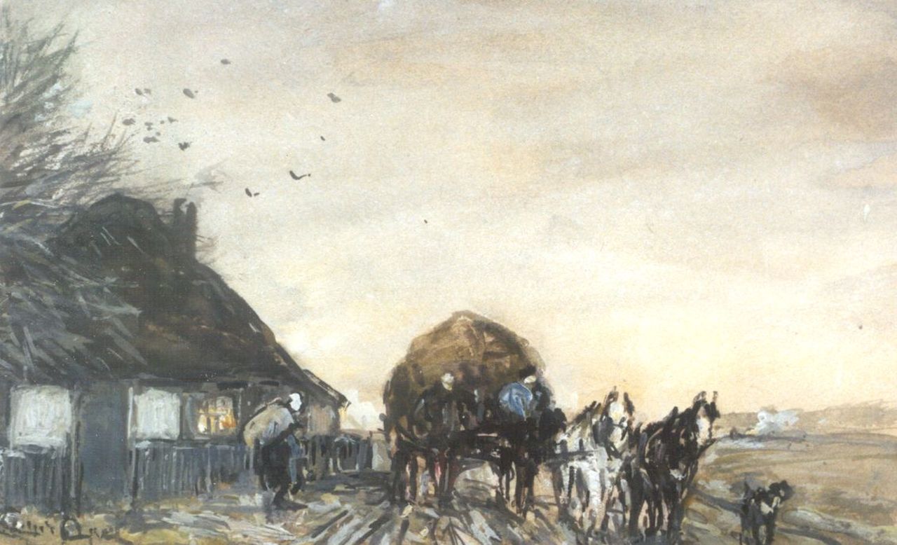 Apol L.F.H.  | Lodewijk Franciscus Hendrik 'Louis' Apol, A hay-wagon near a farm, Aquarell und Gouache auf Papier 11,1 x 17,7 cm, signed l.l.