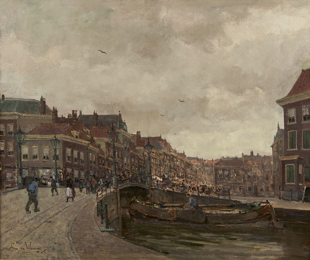 Waning C.A. van | Cornelis Anthonij 'Kees' van Waning | Gemälde zum Verkauf angeboten | Ansicht auf die 'Wagenbrug' und 'Wagenstraat', Haag, Öl auf Leinwand 51,2 x 61,3 cm, Unterzeichnet l.u.