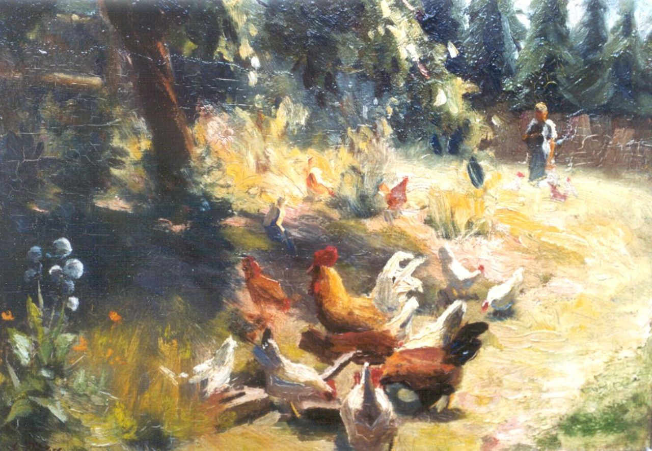 Pieters E.  | Evert Pieters, Chickens in an orchard, Öl auf Holzfaser 26,7 x 35,3 cm, signed l.l.