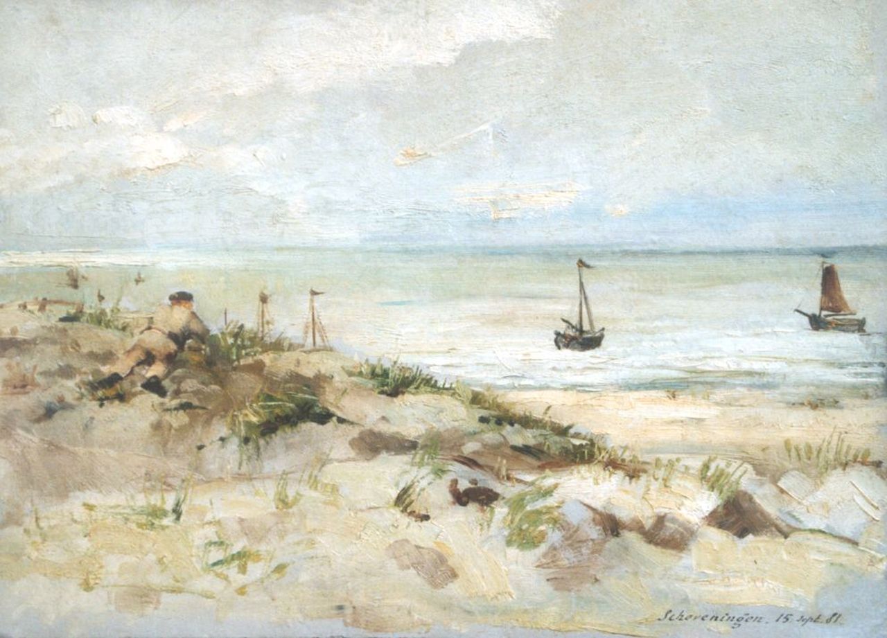 Bettinger G.P.M.  | 'Gustave' Paul Marie Bettinger, A boy in the dunes, Scheveningen, Öl auf Malerpappe 23,9 x 32,7 cm, dated 'Scheveningen 15.Sept '81'