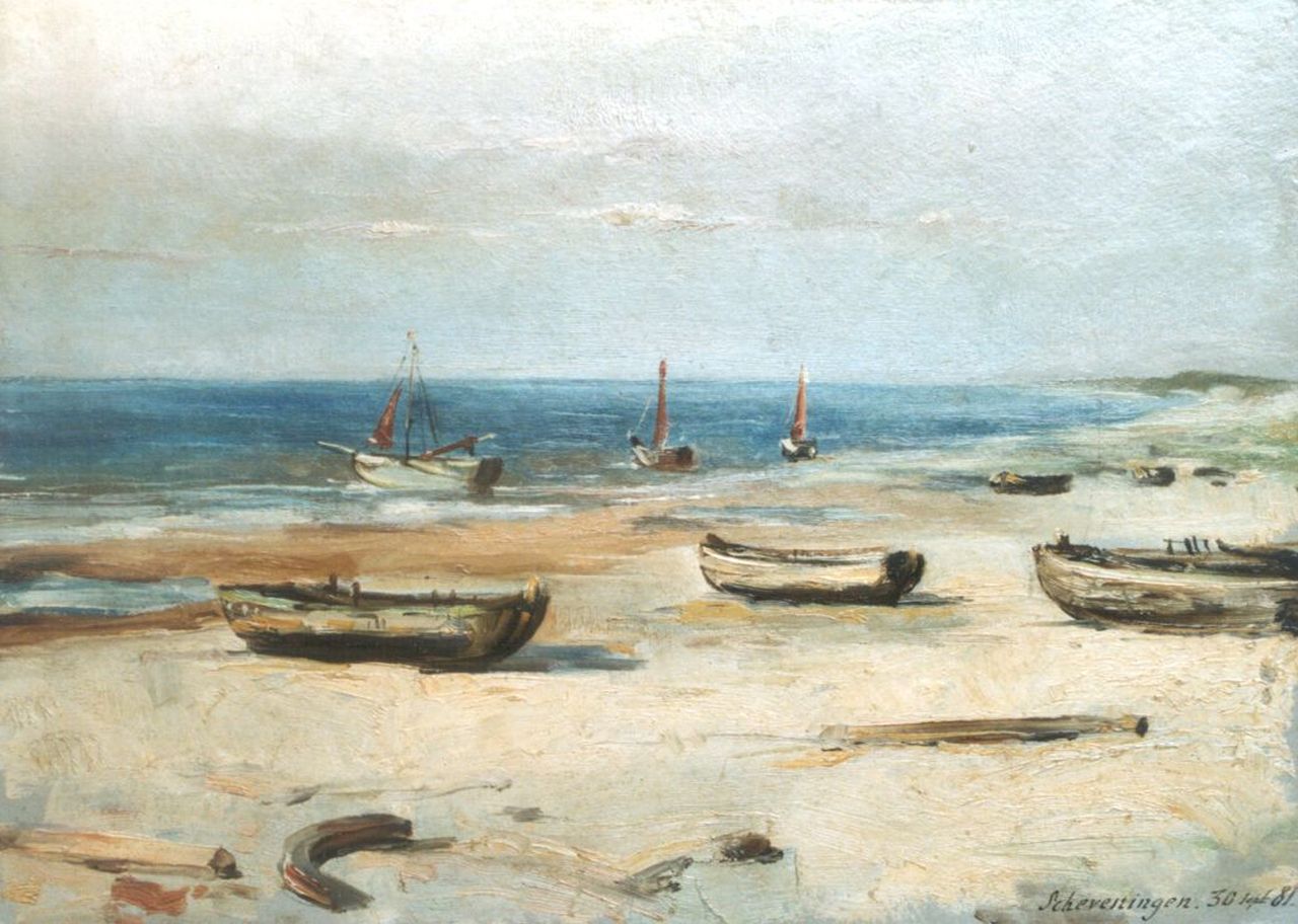 Bettinger G.P.M.  | 'Gustave' Paul Marie Bettinger, 'Bomschuiten' on the beach of Scheveningen, Öl auf Malerpappe 23,8 x 32,7 cm, Dated 'Scheveningen 30 sept '81'.
