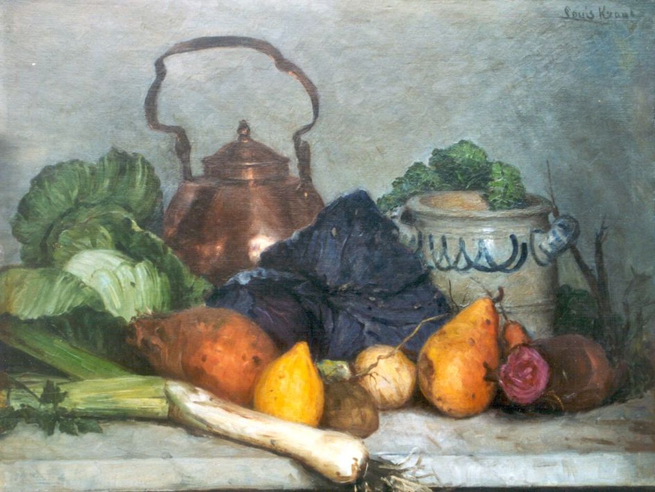 Krans L.M.  | Louis Marie Krans, A still life with vegetables, Öl auf Holzfaser 38,1 x 48,2 cm, signed u.r.