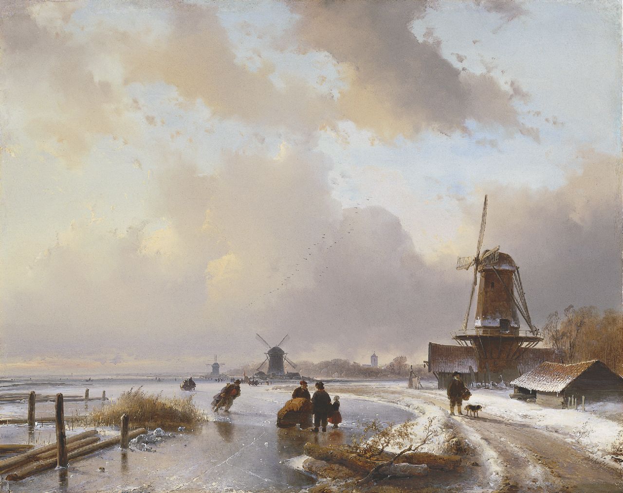 Schelfhout A.  | Andreas Schelfhout, Skaters with a sledge on a frozen river, Öl auf Holz 40,5 x 50,9 cm, signed l.r. und painted in 1837