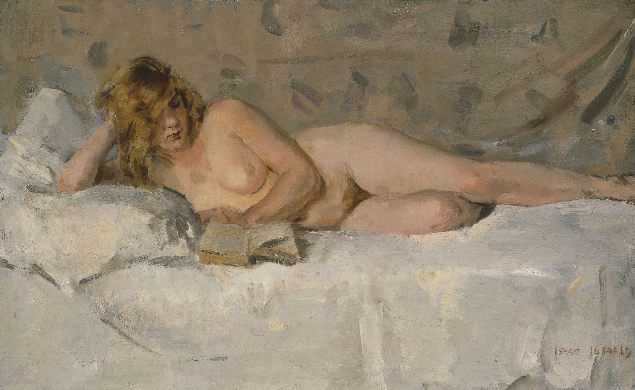 Israels I.L.  | 'Isaac' Lazarus Israels, A reclining nude (Sjaantje van Ingen), Öl auf Leinwand 40,3 x 64,6 cm, signed l.r.
