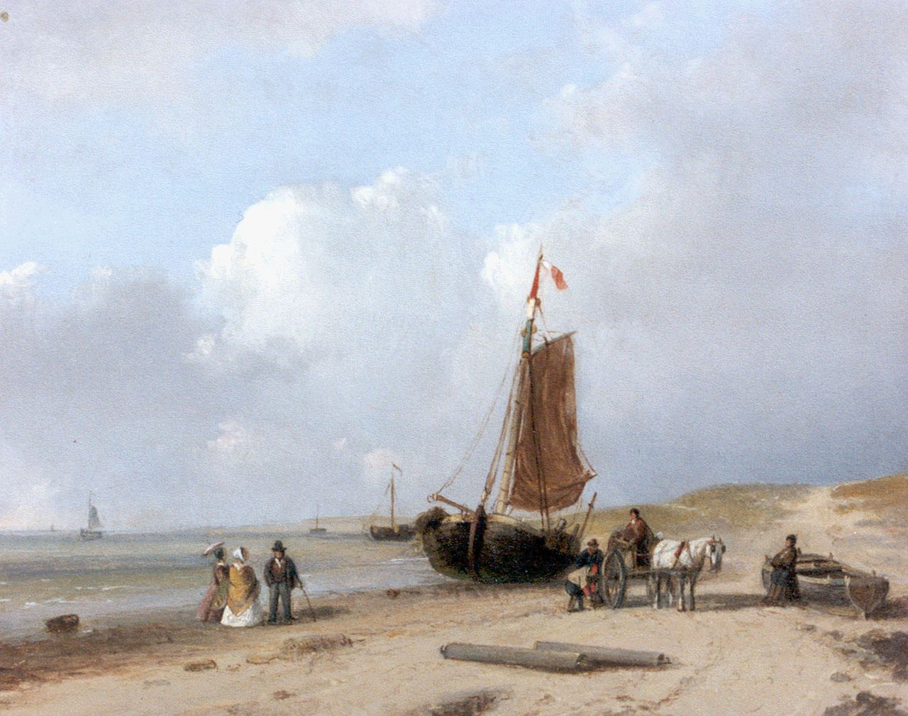 Brouwer P.M.  | Petrus Marius Brouwer, Unloading the catch on the beach, Öl auf Holz 16,7 x 20,6 cm, signed l.l.