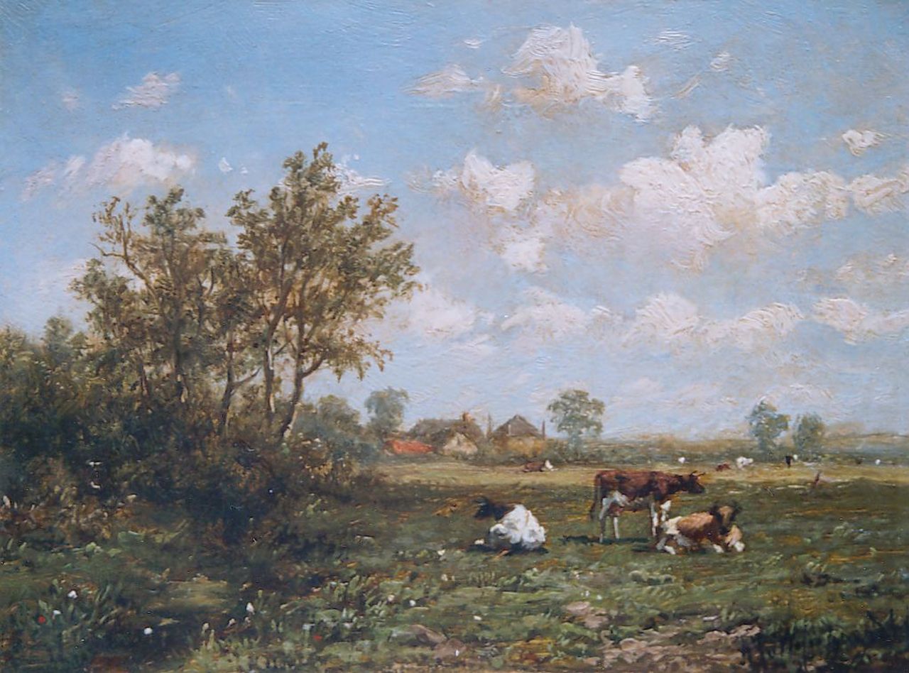 Wijngaerdt A.J. van | Anthonie Jacobus van Wijngaerdt, Cows in a summer landscape, Öl auf Holz 11,4 x 15,4 cm, signed l.r.