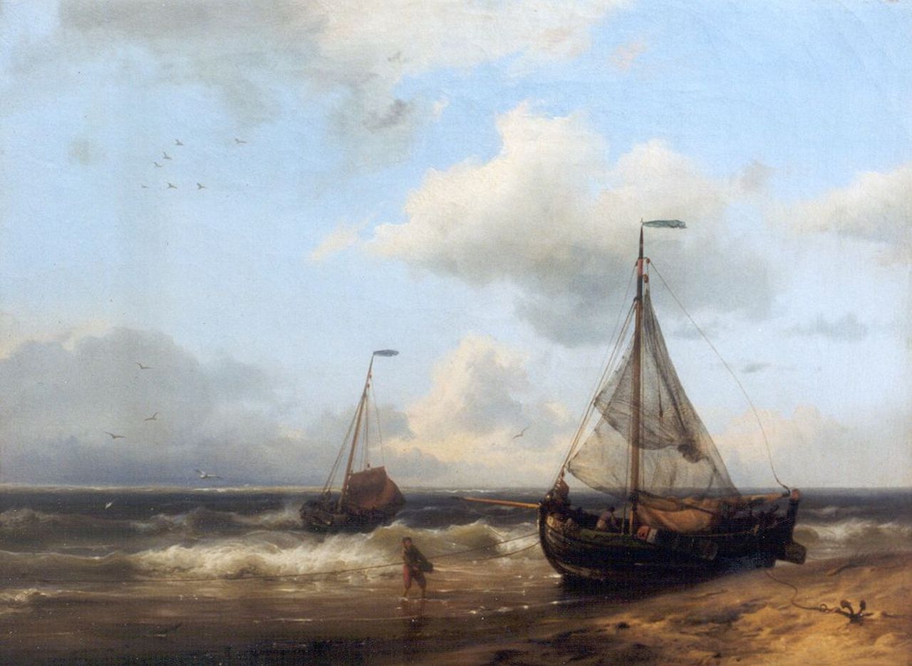 Koekkoek H.  | Hermanus Koekkoek, A coastal scene with anchored fishing boats, Öl auf Leinwand 24,0 x 32,4 cm, signed l.r. und dated 1849