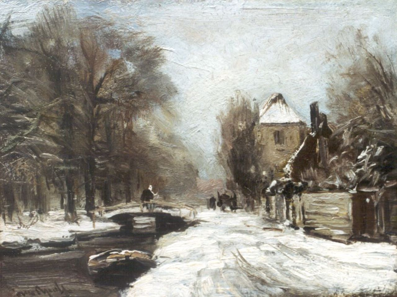 Apol L.F.H.  | Lodewijk Franciscus Hendrik 'Louis' Apol, A traveller on a draw-bridge in winter, Öl auf Malereifaser 20,0 x 26,3 cm, signed l.l.