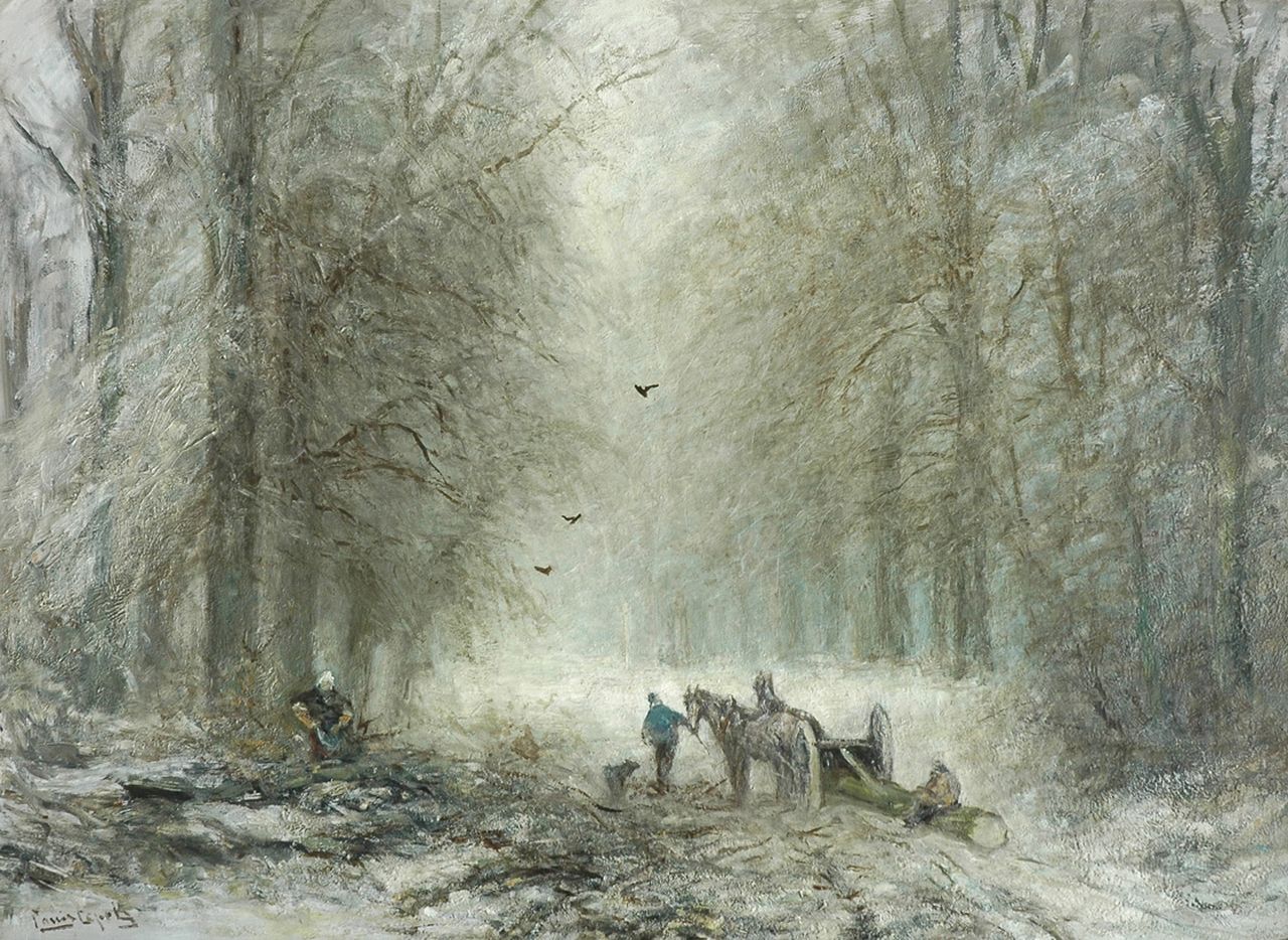 Apol L.F.H.  | Lodewijk Franciscus Hendrik 'Louis' Apol, Timber sled in the forest of The Hague, Öl auf Leinwand 72,0 x 96,9 cm, signed l.l.