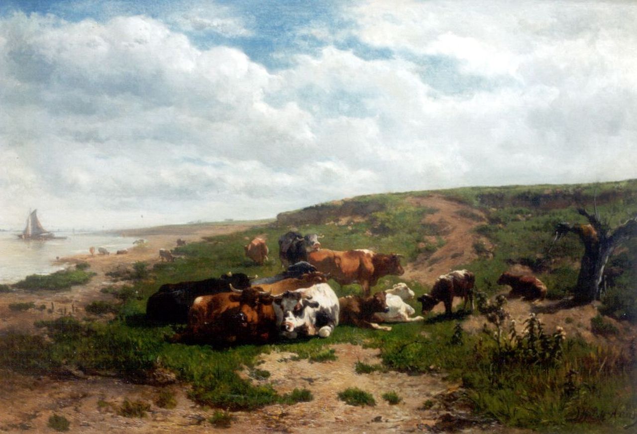 Haas J.H.L. de | Johannes Hubertus Leonardus de Haas, Cows in a River Landscape, Öl auf Leinwand 48,7 x 71,0 cm, signed l.r.