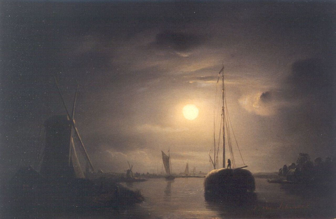 Schendel P. van | Petrus van Schendel, A moonlit river landscape with a haybarge, Öl auf Holz 19,3 x 27,2 cm, signed l.r.