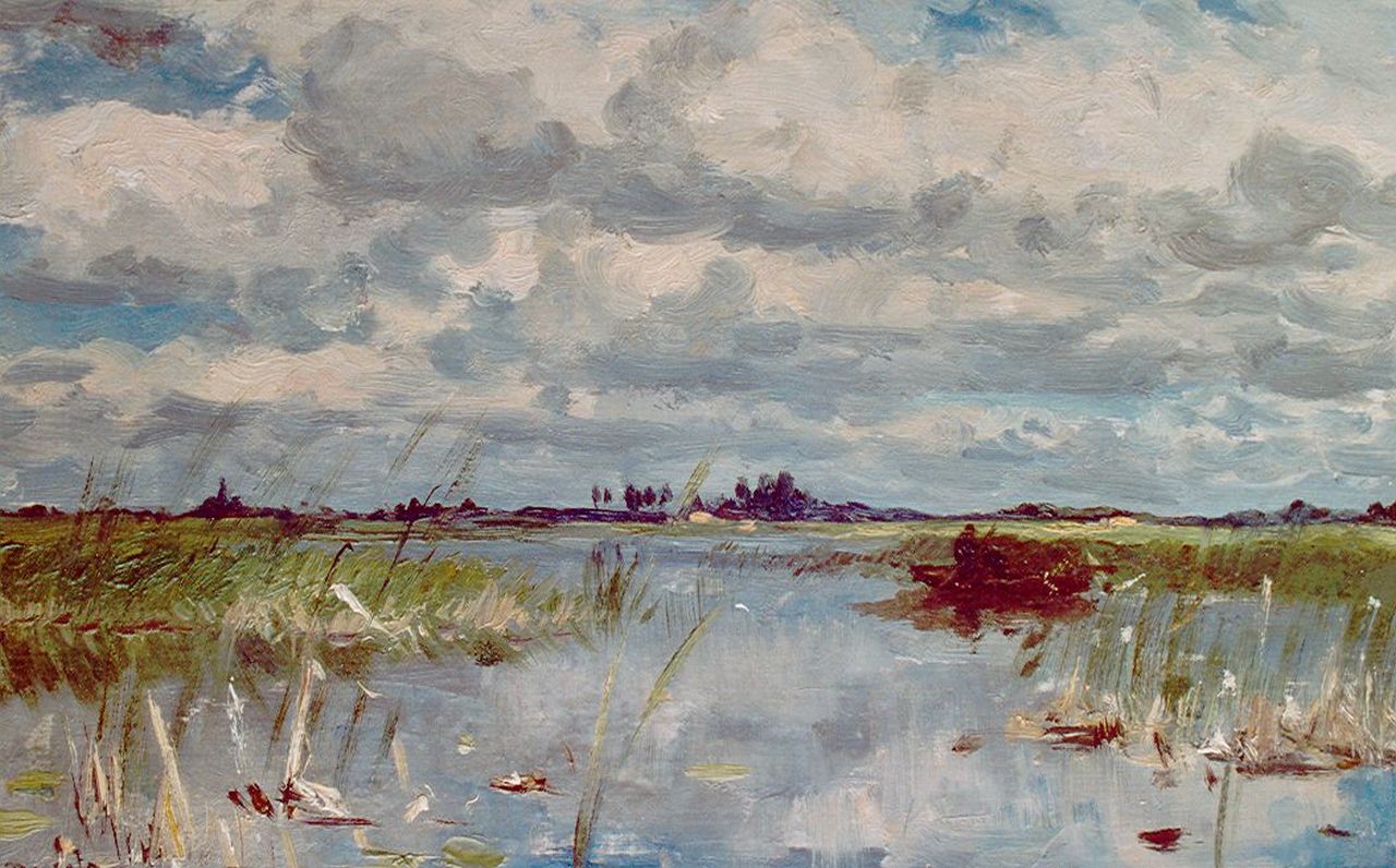 Roelofs W.  | Willem Roelofs, An extensive lake landscape near Noorden, Öl auf Leinwand auf Holz 28,3 x 45,1 cm, signed l.l.