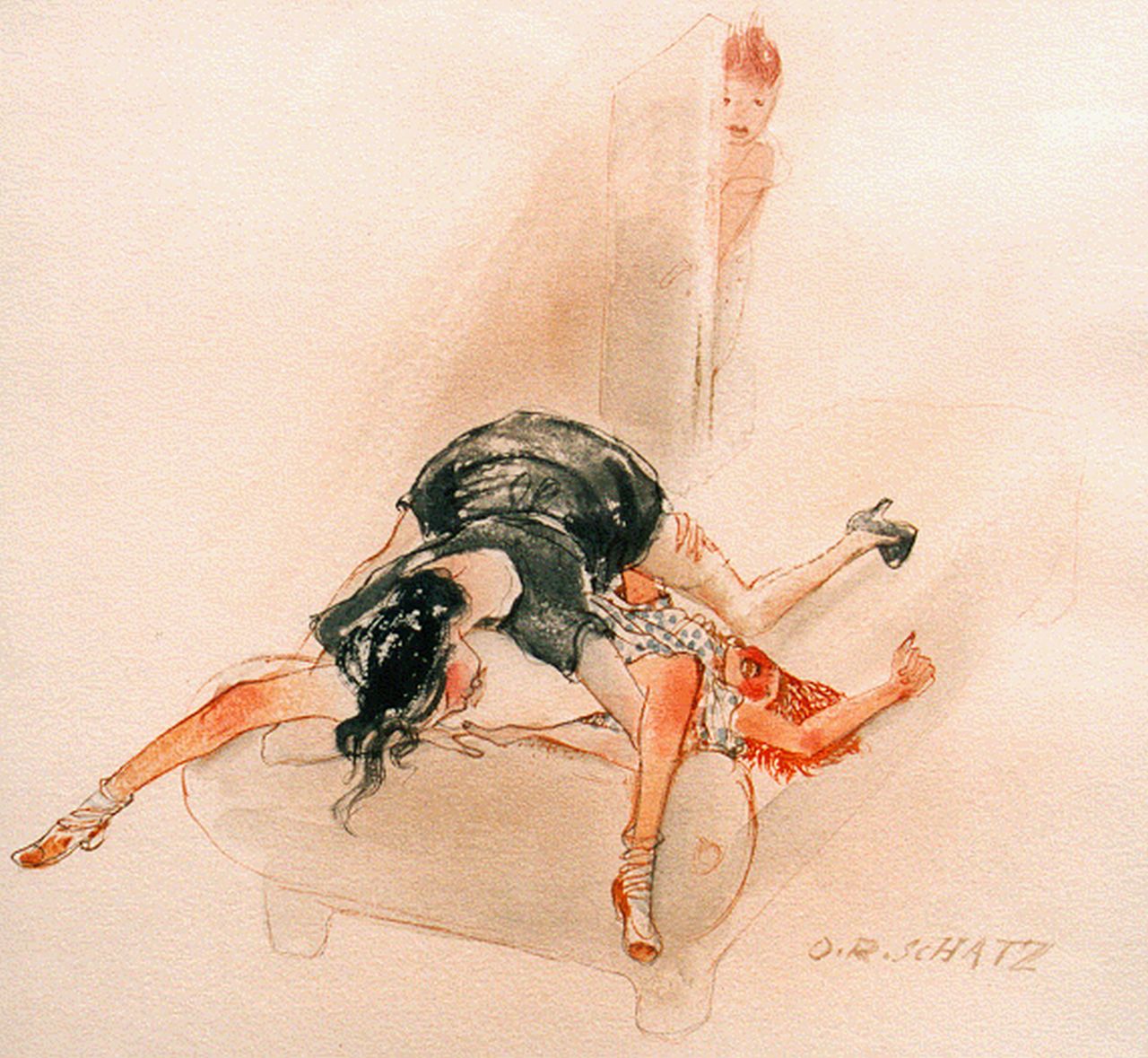 Schatz O.R.  | Otto Rudolf Schatz, Erotische scene, Aquarell auf Papier 29,0 x 27,0 cm, gesigneerd linksonder