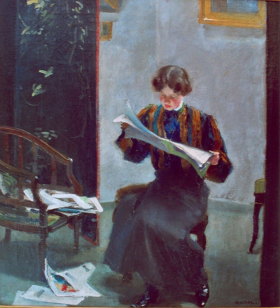 Nissl R.  | Rudolf Nissl, A young woman reading, Öl auf Leinwand 64,3 x 61,0 cm, signed l.r. und dated 1907 on the reverse
