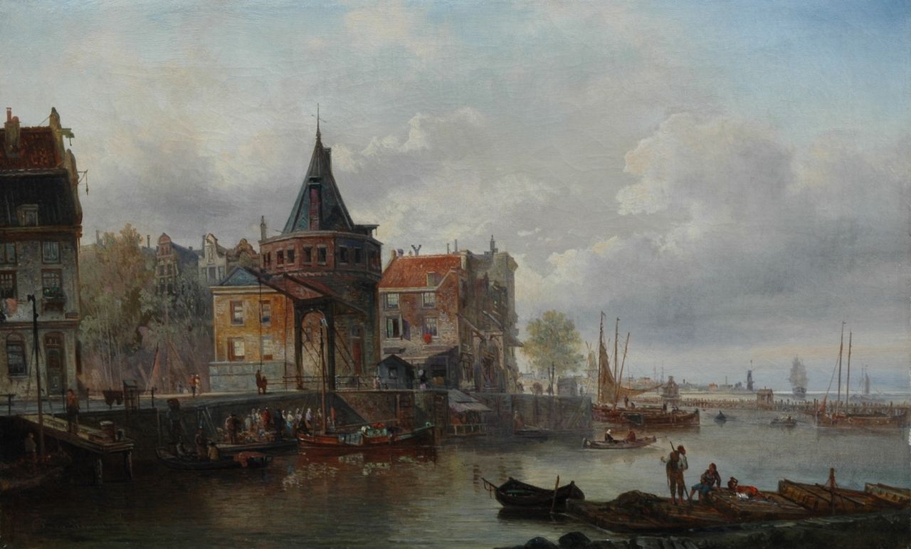 Bommel E.P. van | Elias Pieter van Bommel, A view of the Scheierstoen, Amsterdam, Öl auf Leinwand 42,4 x 68,8 cm, signed l.l. und dated 1886