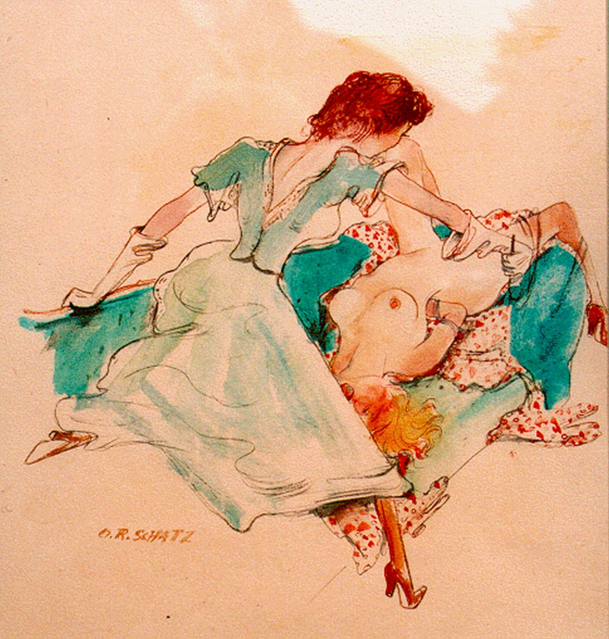 Schatz O.R.  | Otto Rudolf Schatz, Erotische scene, Aquarell auf Papier 29,0 x 27,0 cm, gesigneerd rechtsonder