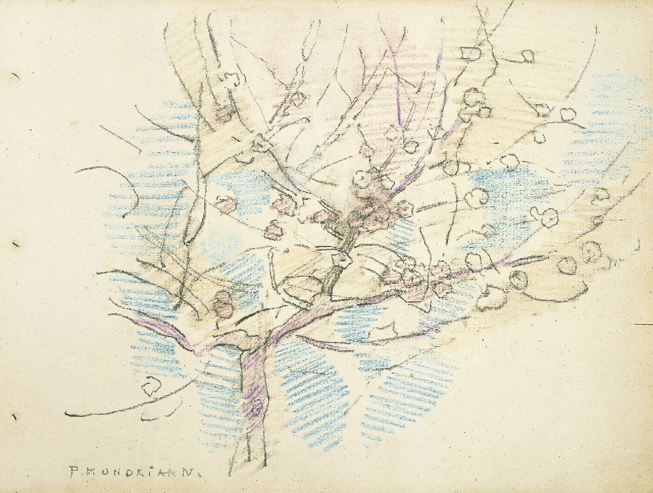 Mondriaan P.C.  | Pieter Cornelis 'Piet' Mondriaan, A flowering apple tree, Farbbleistift auf Papier 19,0 x 25,0 cm, signed l.l. und painted circa 1917