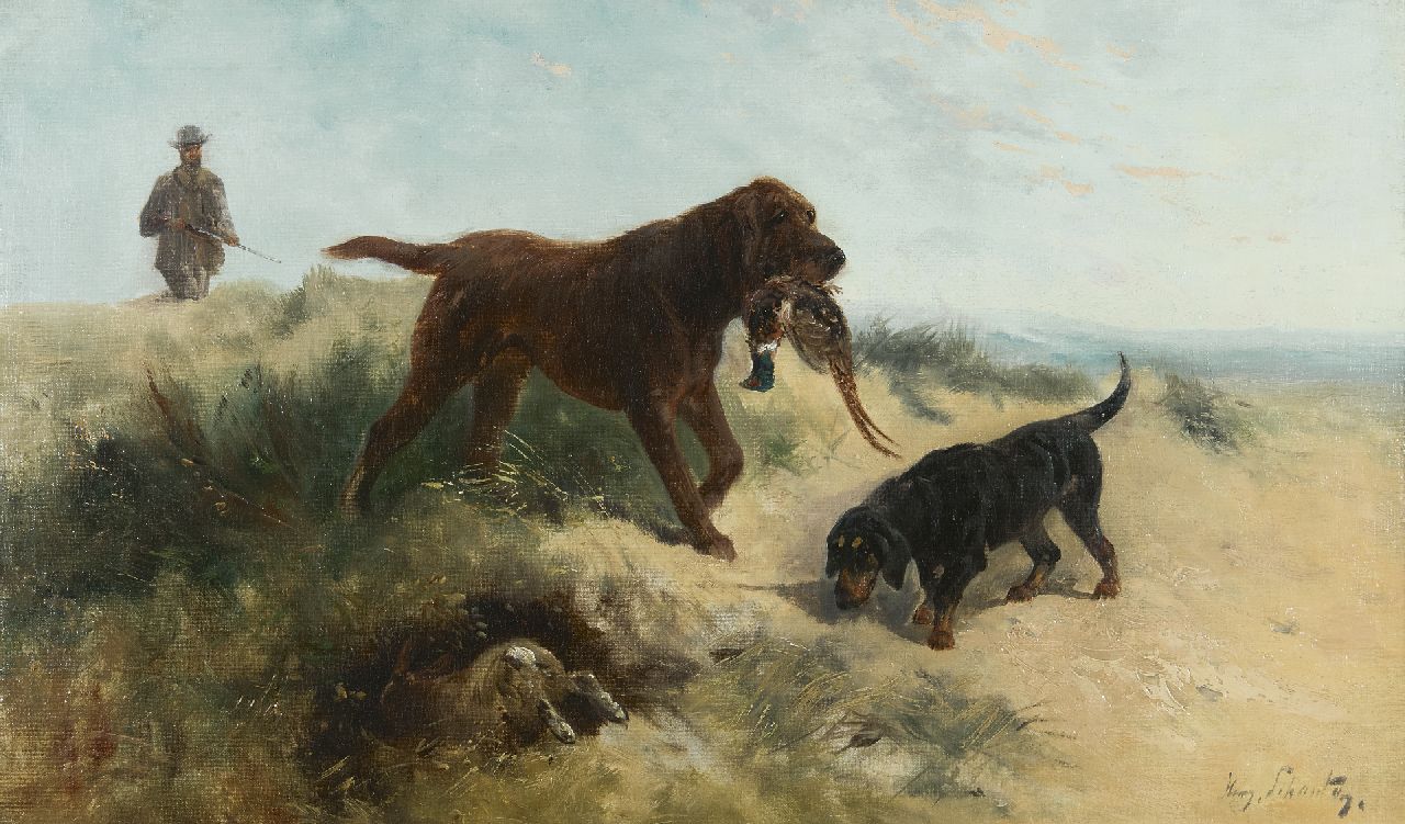 Schouten H.  | Henry Schouten | Gemälde zum Verkauf angeboten | Jäger mit Hunden in den Dünen, Öl auf Leinwand 43,0 x 72,9 cm, Unterzeichnet r.u.