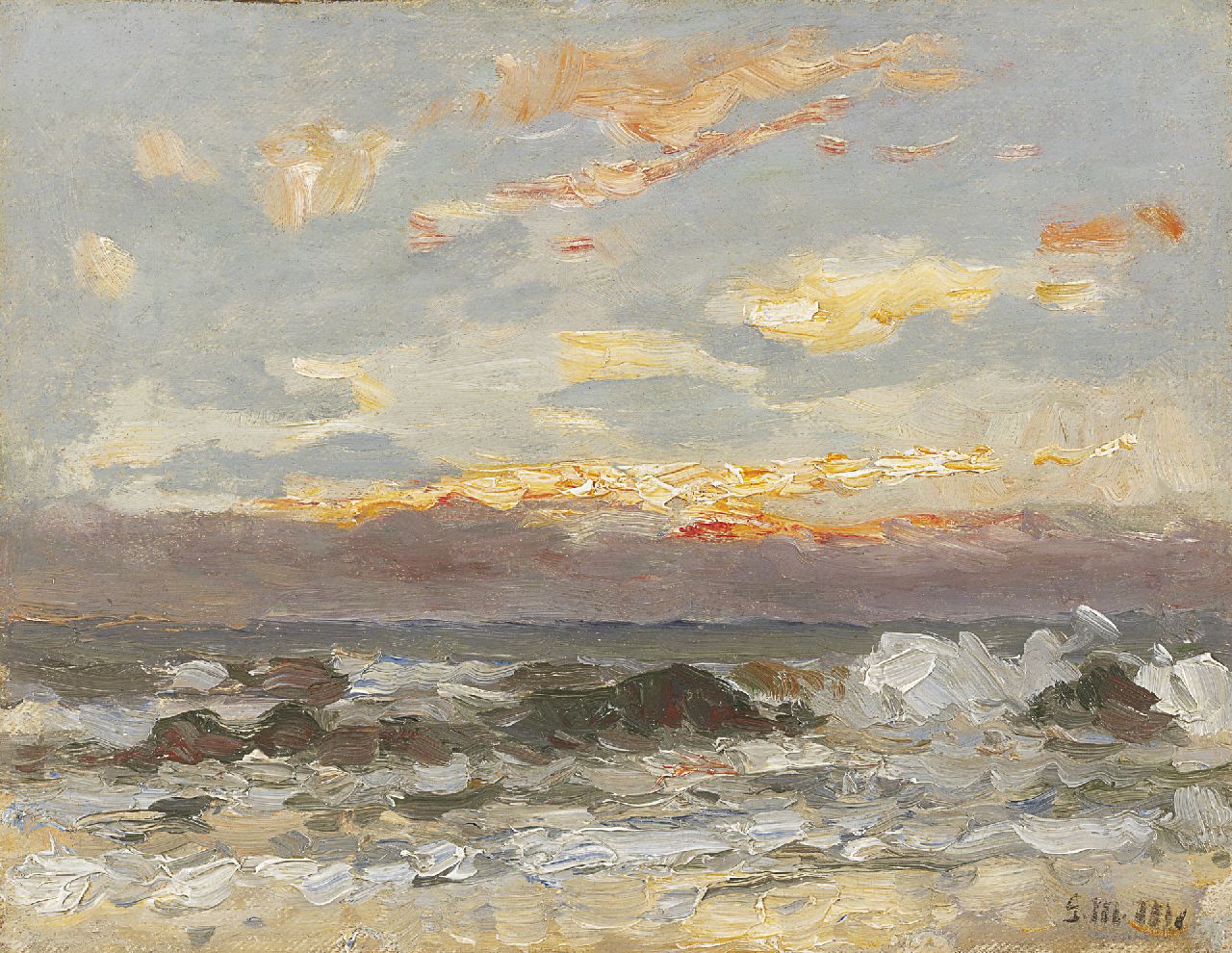 Munthe G.A.L.  | Gerhard Arij Ludwig 'Morgenstjerne' Munthe, Sunset over sea, Öl auf Leinwand auf Holz 23,8 x 30,4 cm, signed l.r. with initials