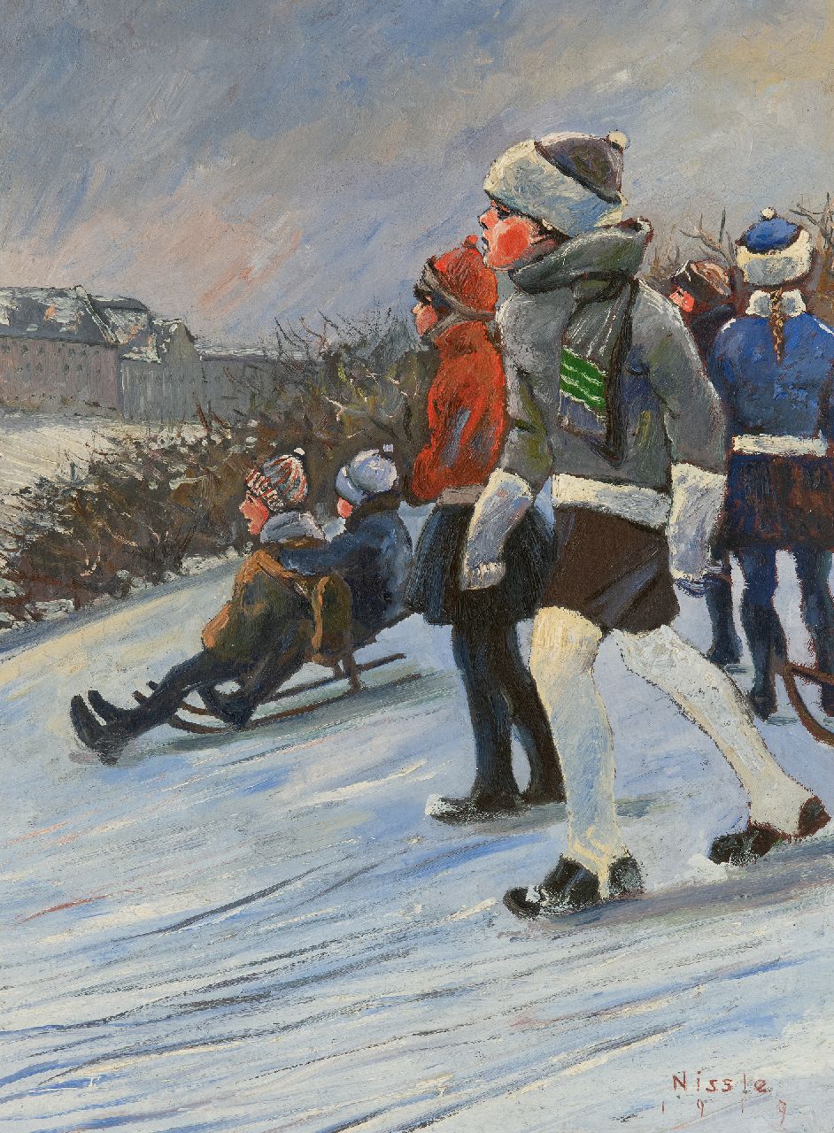 Nissle F.  | Fritz Nissle | Gemälde zum Verkauf angeboten | Kinder auf dem Schlitten auf einem Abhang, Öl auf Malerpappe 41,6 x 31,2 cm, Unterzeichnet r.u. und datiert 1919