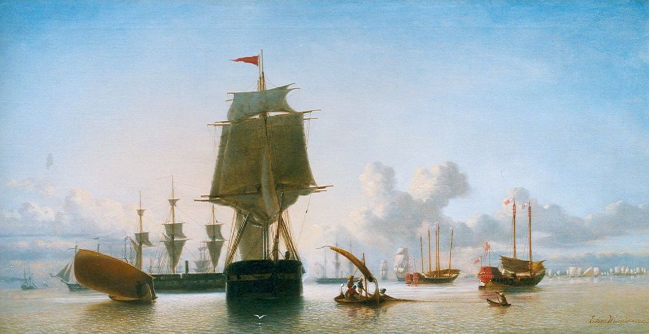 Heemskerck van Beest J.E. van | Jacob Eduard van Heemskerck van Beest, Sailing Vessels in a Calm, Batavia, Öl auf Leinwand 56,3 x 107,8 cm, signed l.r.