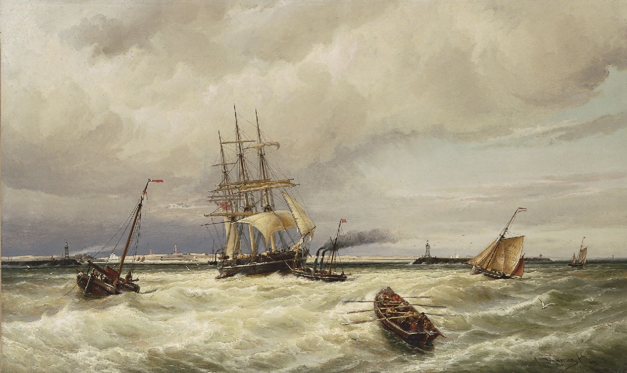 Dommelshuizen C.C.  | Cornelis Christiaan Dommelshuizen, Shipping in a stiff breeze, Öl auf Leinwand 76,9 x 127,0 cm, signed l.r. und dated 1880