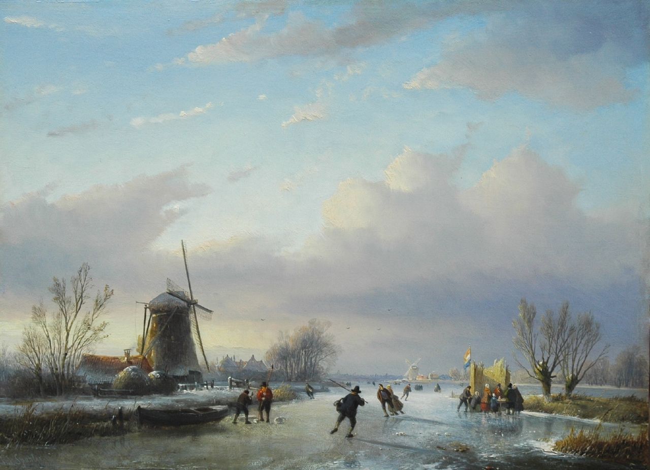 Spohler J.J.  | Jan Jacob Spohler, Dutch winter landscape with skaters on the ice, Öl auf Tafel 38,2 x 51,6 cm, signed l.l.