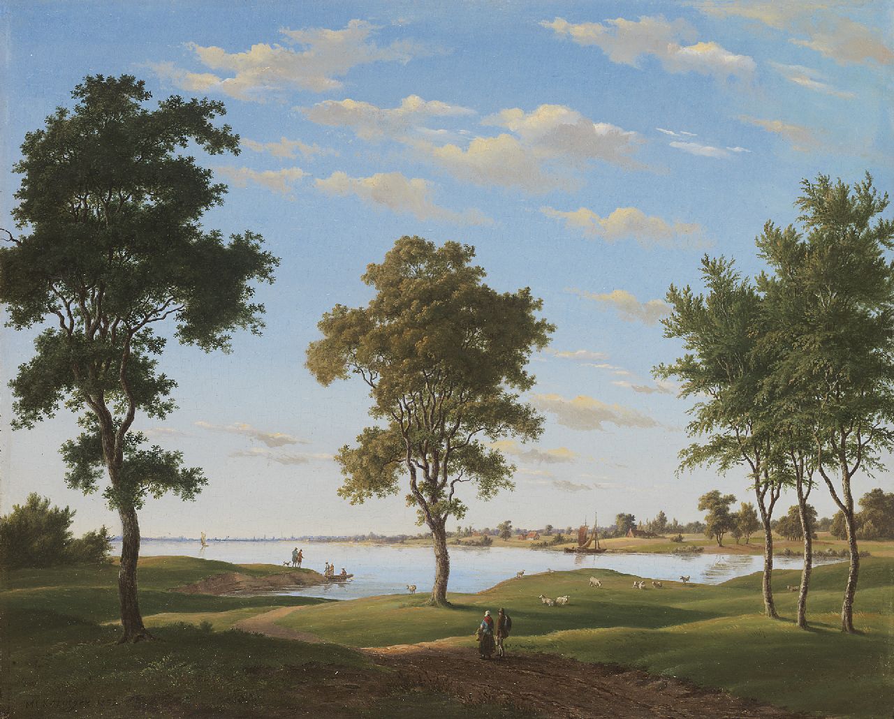 Maximiliaan Leonard Kitzinger | Idyllic river landscape, Öl auf Holz, 34,0 x 41,7 cm, signed l.l.