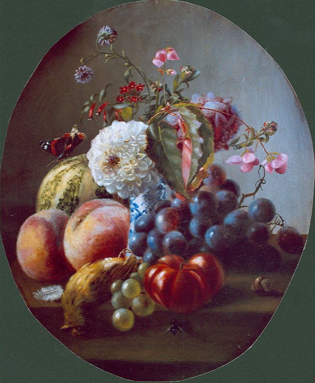 Roosenboom M.C.J.W.H.  | 'Margaretha' Cornelia Johanna Wilhelmina Henriëtta Roosenboom, A still life with peaches, flowers and grapes, Öl auf Holz 40,0 x 33,6 cm, signed l.c. und dated 1859