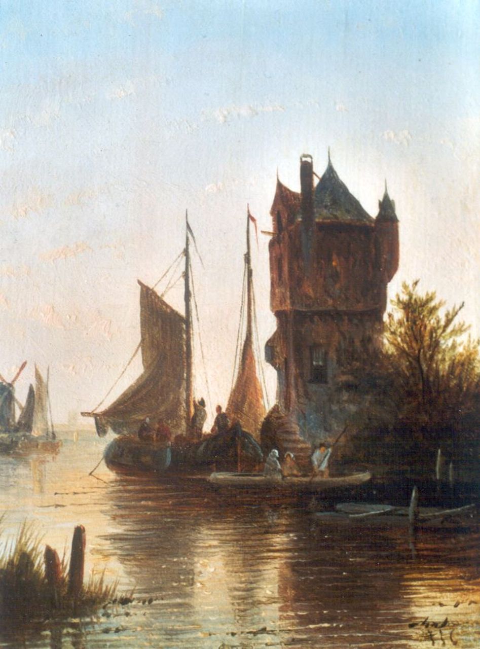 Spohler J.J.C.  | Jacob Jan Coenraad Spohler, Moored flatboats by a tower, Öl auf Holz 13,7 x 11,2 cm, signed l.r. with initials