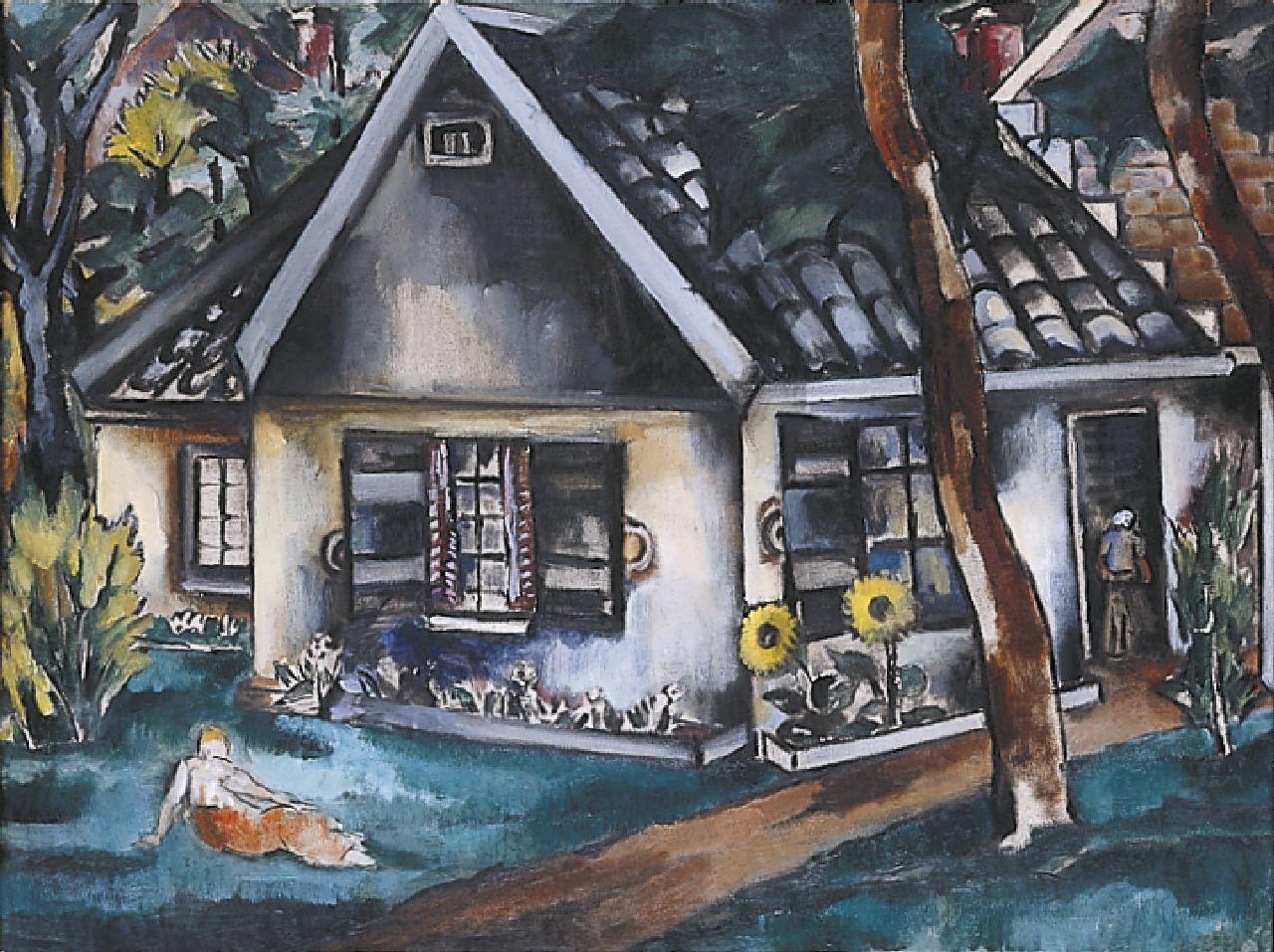 Berg E.  | Else Berg, A house with sunflowers, Öl auf Leinwand 77,0 x 102,0 cm