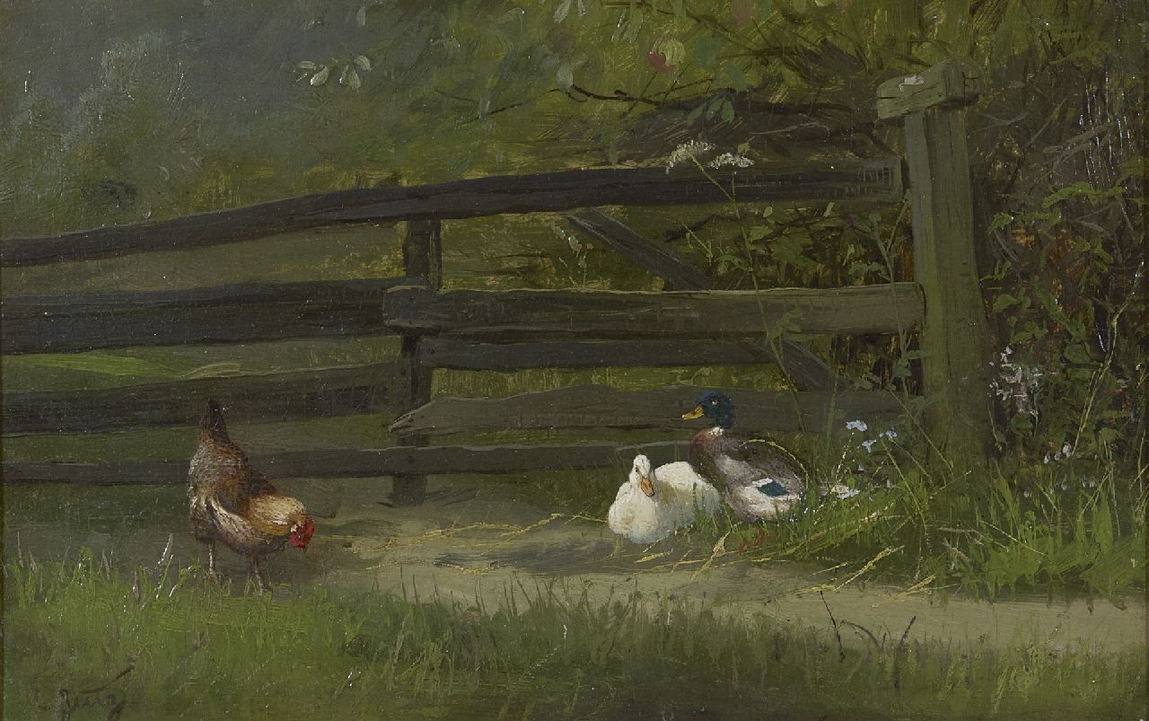 Jutz C.  | Carl Jutz | Gemälde zum Verkauf angeboten | Huhn und Enten am Gartentor, Öl auf Papier auf Holz 21,6 x 32,1 cm, Unterzeichnet l.u. und ohne Rahmen