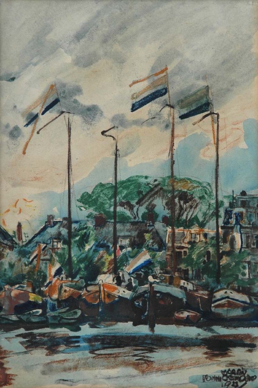 Monnickendam M.  | Martin Monnickendam, Flags along the Amstel River, Aquarell auf Papier 38,0 x 26,5 cm, signed l.r. und dated 1923