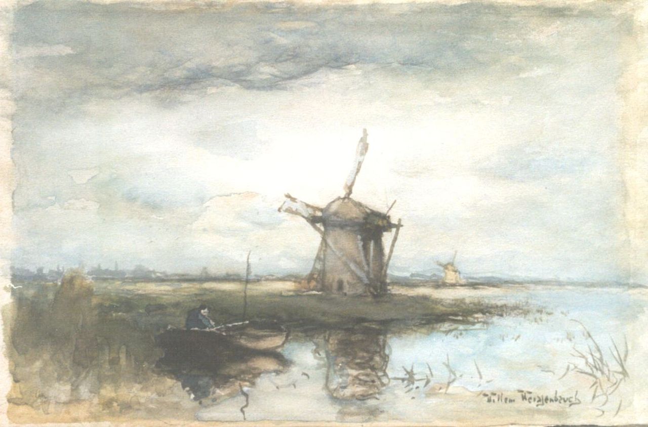 Weissenbruch W.J.  | 'Willem' Johannes Weissenbruch, A windmill in a polder landscape, Aquarell auf Papier 19,2 x 29,5 cm, signed l.r.