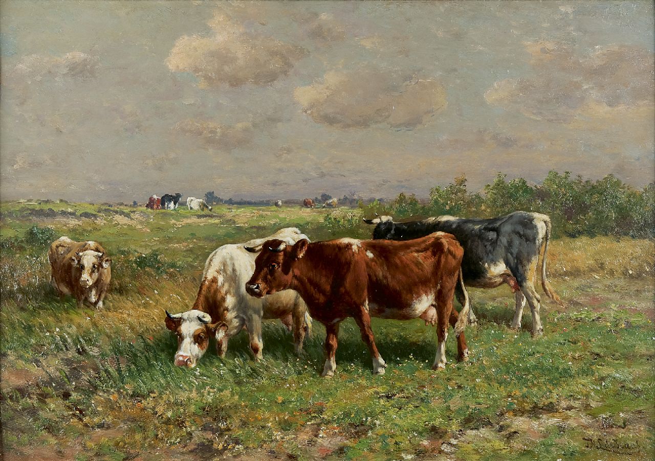 Haas J.H.L. de | Johannes Hubertus Leonardus de Haas, Cattle in a meadow, Öl auf Holz 45,2 x 63,6 cm, Unterzeichnet u.r.