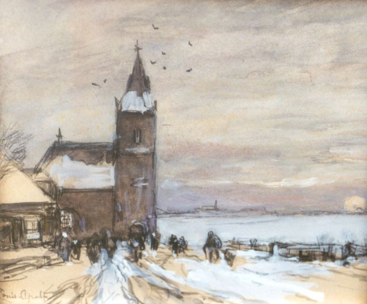 Apol L.F.H.  | Lodewijk Franciscus Hendrik 'Louis' Apol, Church-attendance in a snow-covered landscape, Aquarell auf Papier 13,1 x 15,2 cm, signed l.l.