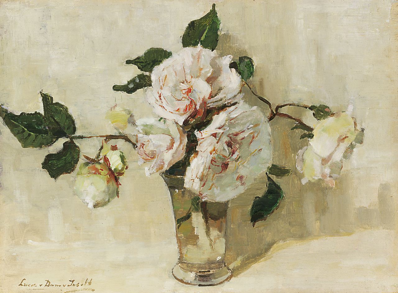 Dam van Isselt L. van | Lucie van Dam van Isselt, A still life with white roses in a glass vase, Öl auf Holz 31,9 x 42,7 cm, signed l.l. und painted circa 1920-1925.