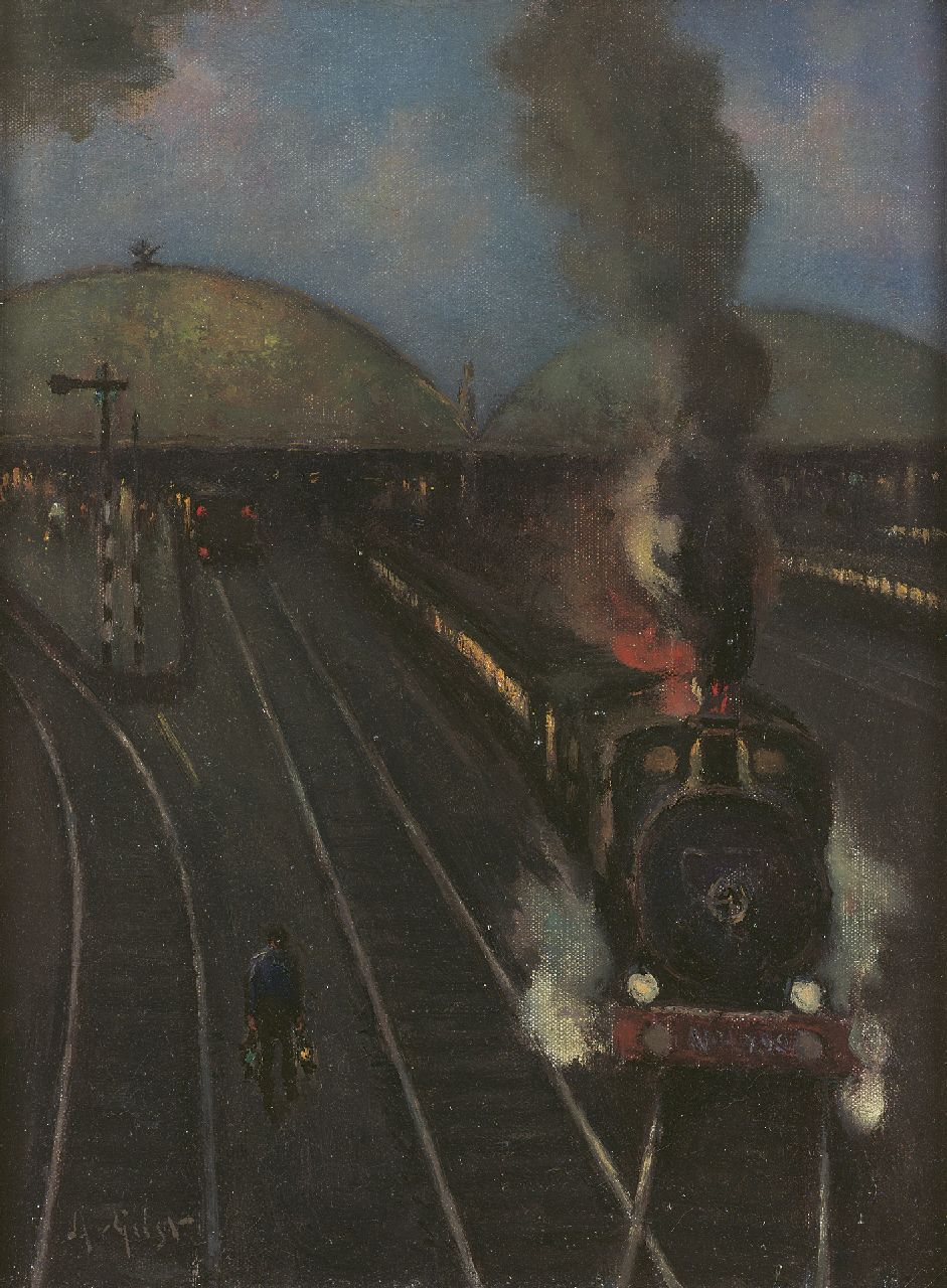 Gilst A. van | Aarnout 'Arnout' van Gilst, Steam-locomotive near the station of Amsterdam, Öl auf Leinwand 40,4 x 30,2 cm, signed l.l.