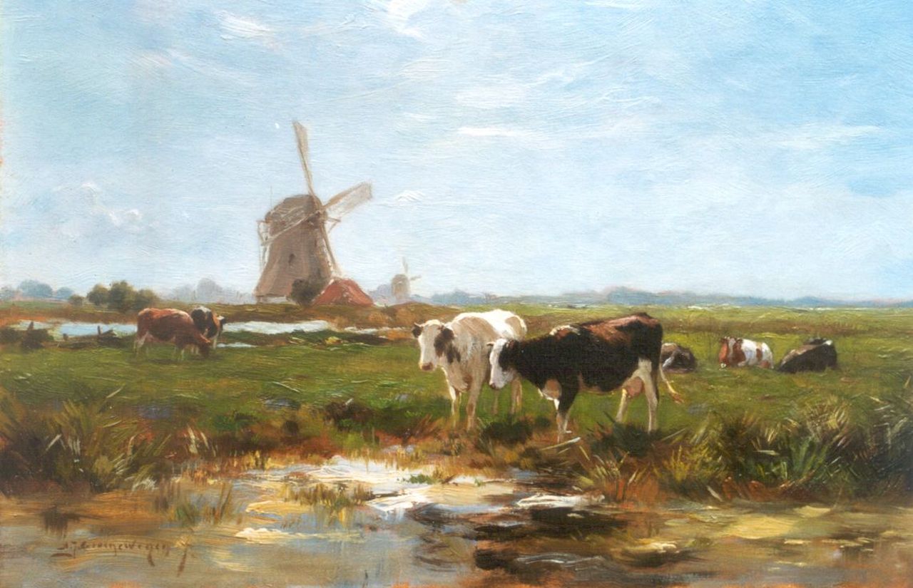 Groenewegen A.J.  | Adrianus Johannes Groenewegen, Cows watering, Öl auf Leinwand 31,5 x 45,4 cm, signed l.l.