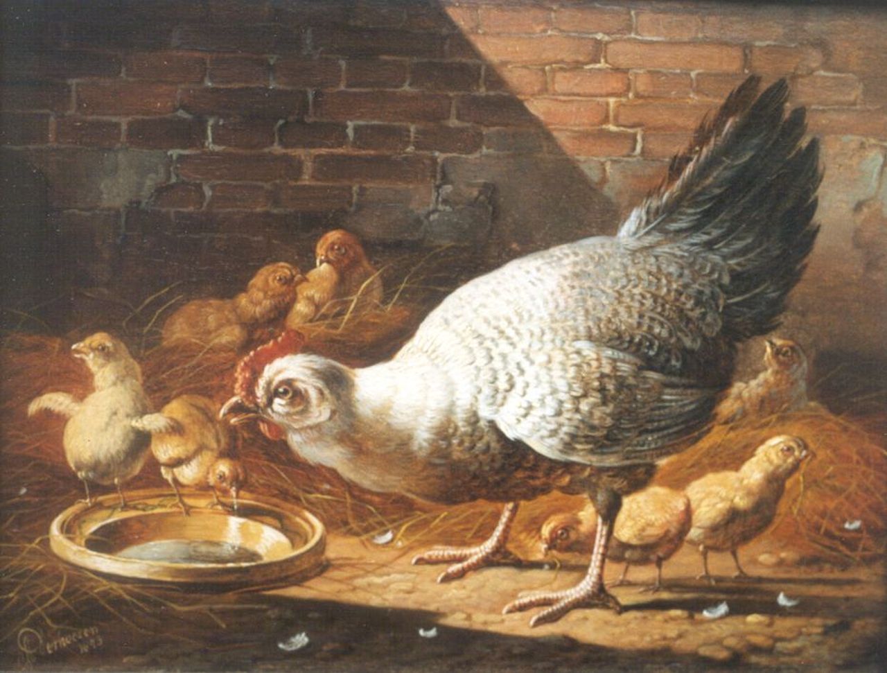 Verhoesen A.  | Albertus Verhoesen, A hen and chicks in a stable, Öl auf Holz 17,5 x 24,5 cm, signed l.l. und dated 1873