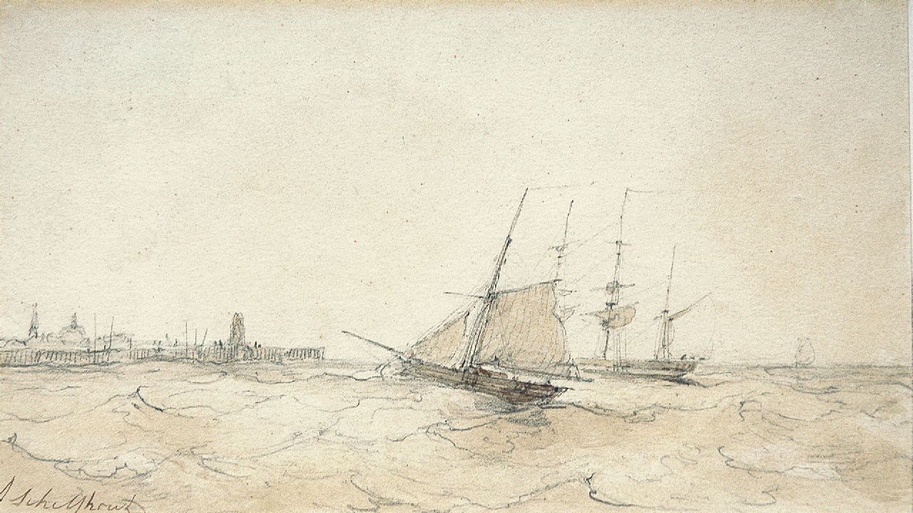Schelfhout A.  | Andreas Schelfhout, The arrival of the fleet, Bleistift, Feder und Sepia auf Papier 13,5 x 22,5 cm, signed l.l.