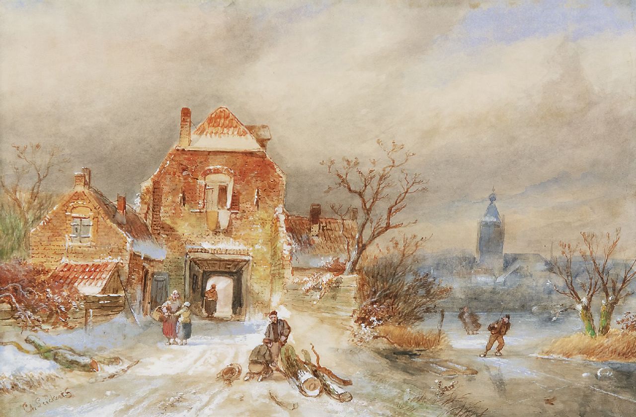 Leickert C.H.J.  | 'Charles' Henri Joseph Leickert, Winterlicher Dorfansicht mit Schlittschuhläufern, Aquarell auf Papier 23,1 x 34,8 cm, Unterzeichnet l.u.