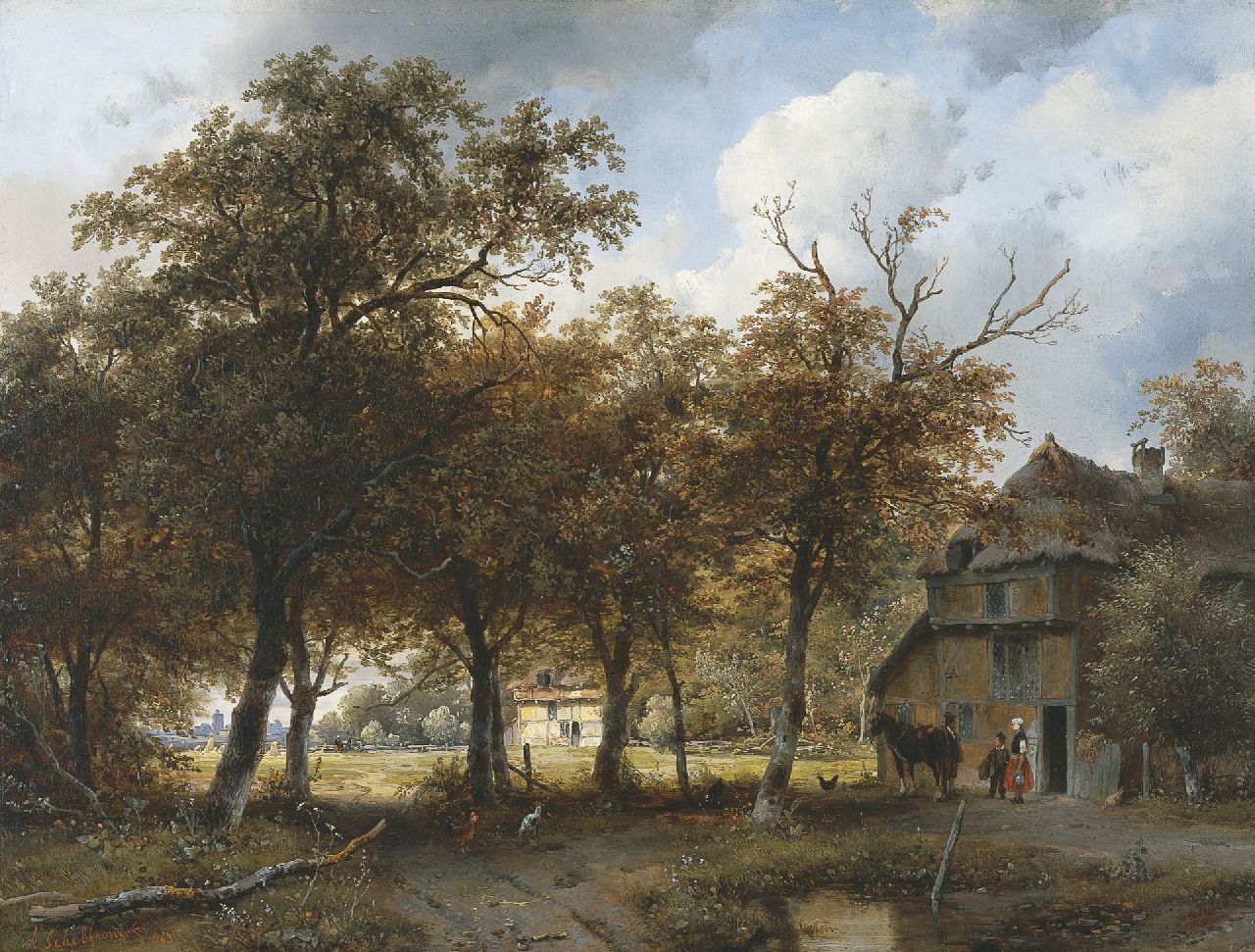 Schelfhout A.  | Andreas Schelfhout, A wooded landscape with farms and a city in the distance, Öl auf Holz 40,3 x 52,9 cm, signed l.l. und painted 1843