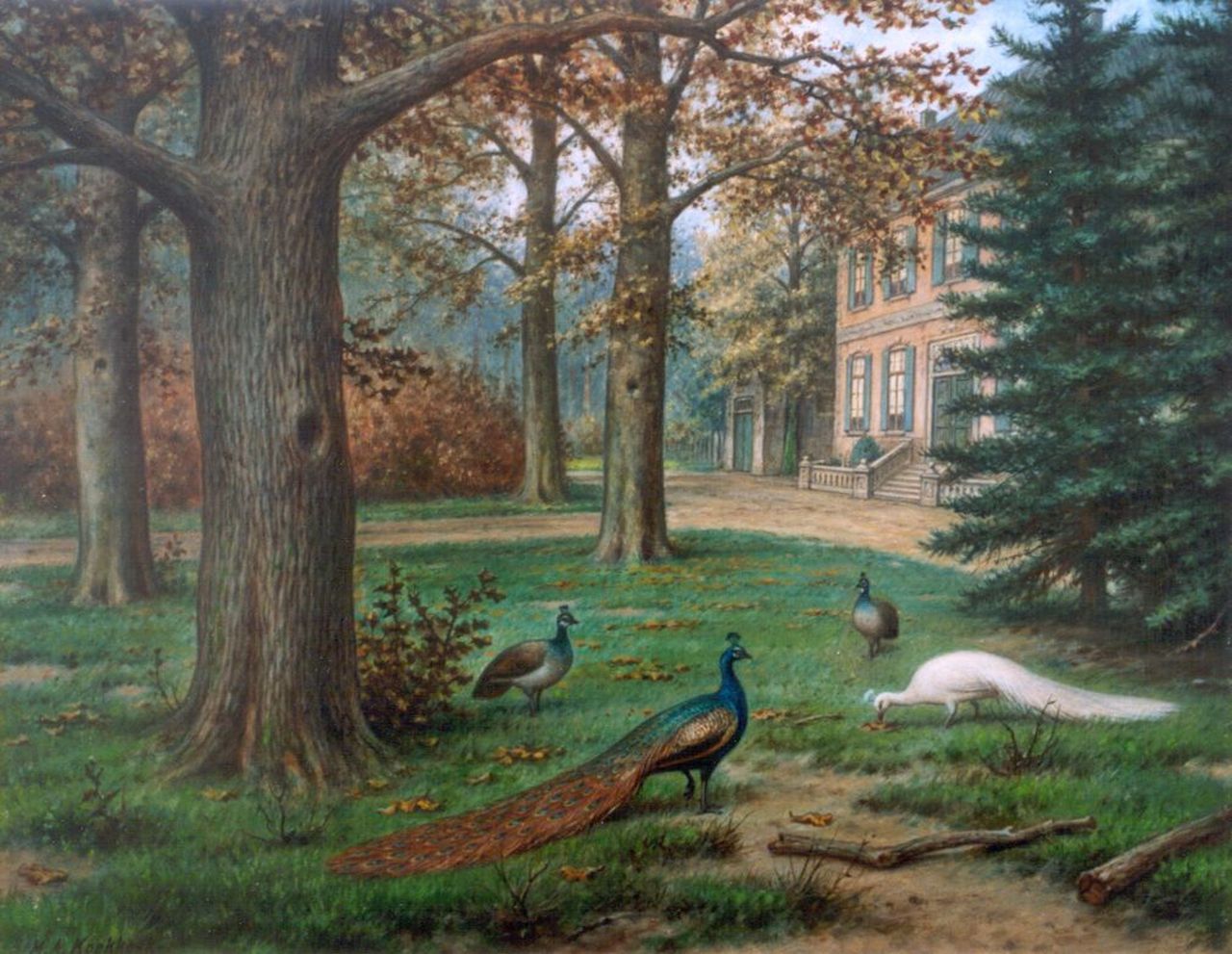 Koekkoek II M.A.  | Marinus Adrianus Koekkoek II, Peacocks in a landscape garden, Öl auf Leinwand 40,2 x 50,5 cm, signed l.l.