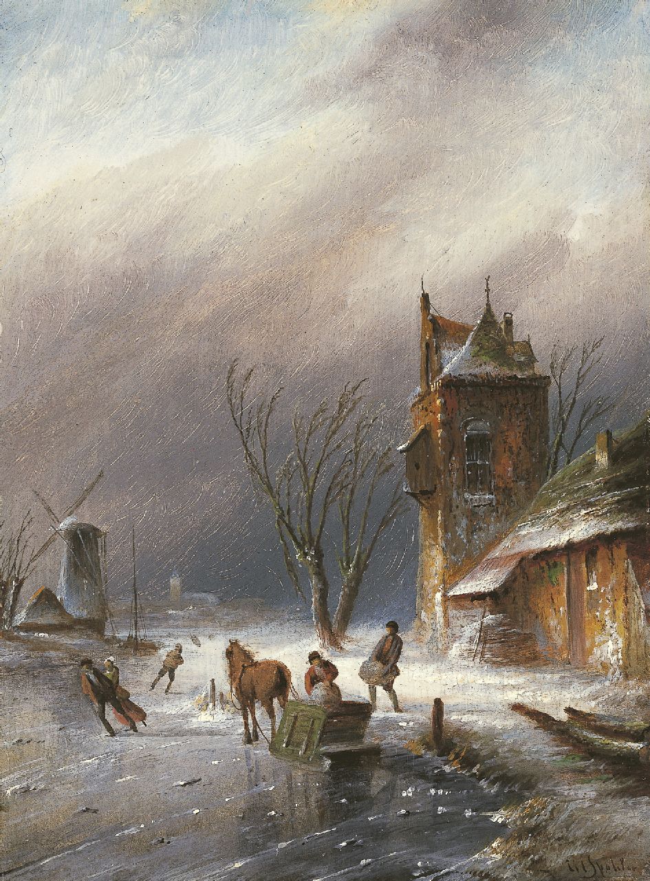 Spohler J.J.C.  | Jacob Jan Coenraad Spohler, Skaters on the ice, Öl auf Holz 21,4 x 16,0 cm, signed l.r.