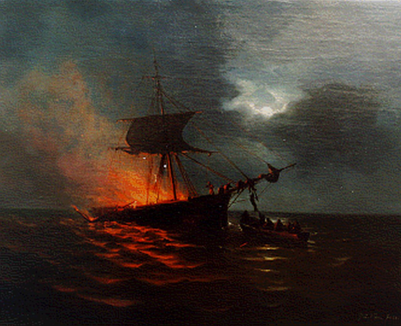 Kiers G.L.  | George Lourens Kiers, Burning ship, Öl auf Leinwand 46,7 x 57,3 cm, signed l.r. und dated '68