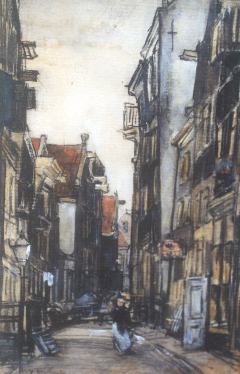 Arntzenius P.F.N.J.  | Pieter Florentius Nicolaas Jacobus 'Floris' Arntzenius, A sunlit street, Schwarze Kreide und Aquarell auf Papier 18,6 x 12,3 cm, signed l.l.